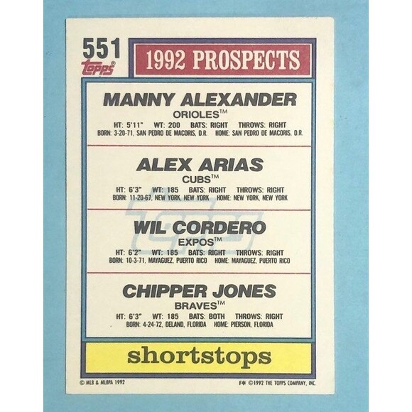 1992 Topps Shortstops Prospects - Atlanta Braves, Chipper Jones  HOF  Card #551 - Picture 2 of 2